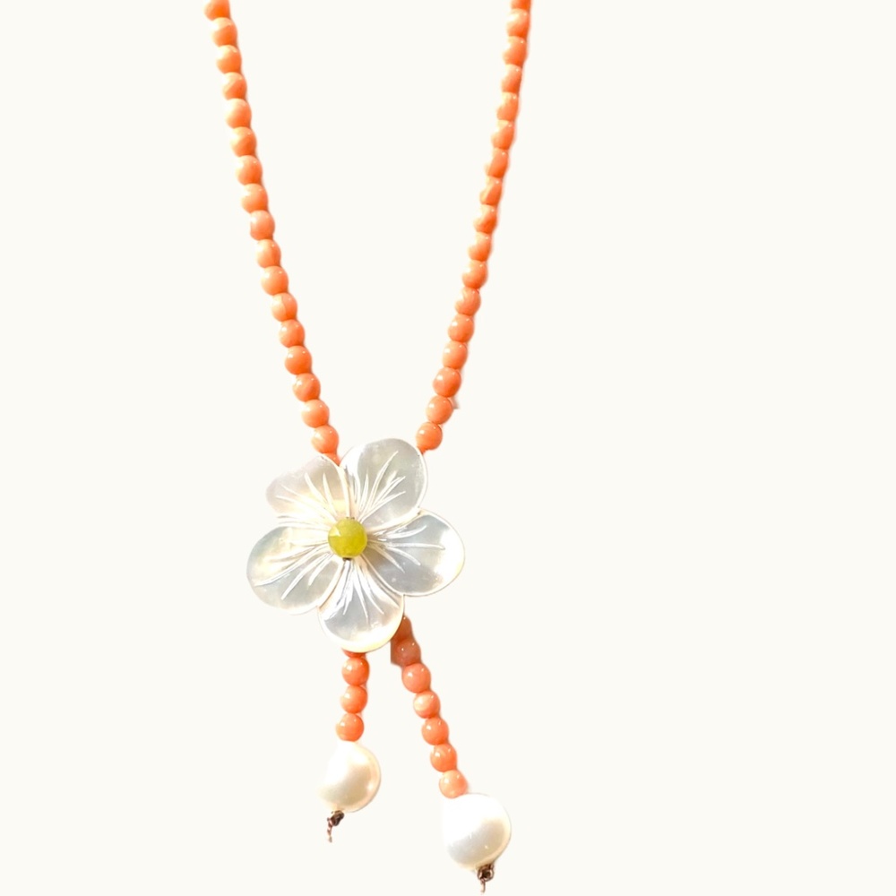 Dainty Floral Pendant With Coral Tone Beaded Lariat Style Chain